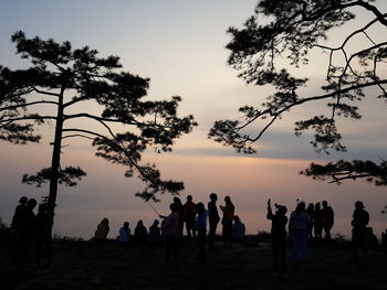 Silhouette people standing amidst trees on field against sky during sunset