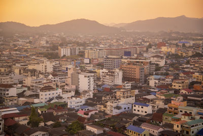 High angle view of townscape against sky during sunset