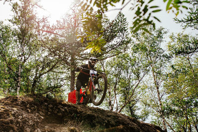 Athlete rider downhill mountain bike race in sunlight