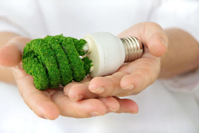 Midsection of man holding light bulb with grass