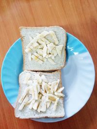 High angle view of bread in plate on table