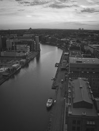 High angle view of boats moored at harbor