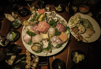 High angle view of food served on table