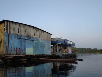 Boat in lake against clear sky