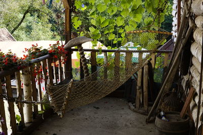 Metallic structure hanging on railing by tree against building