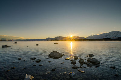 Scenic view of lake against sky during sunset