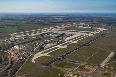 High angle view of agricultural field against sky