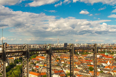 High angle view of buildings against cloudy sky