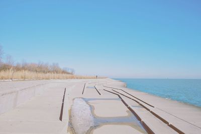 Scenic view of sea against clear blue sky