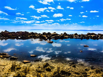 Scenic view of sea against cloudy sky