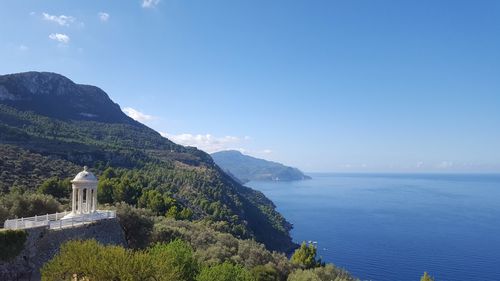 High angle view of sea and mountains against sky