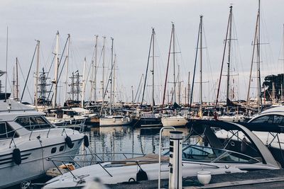 Boats moored at harbor