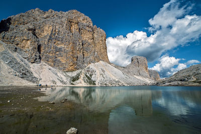 Antermoia alpine lake in catinaccio dolomite alps, trentino, italy