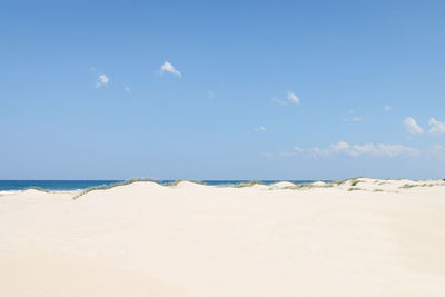 Scenic view of beach against blue sky