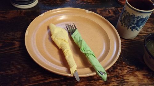 High angle view of food in plate on table