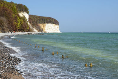 Scenic view of sea by chalk cliff against clear sky