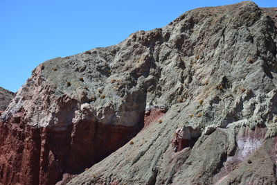 Low angle view of rocky mountains against clear sky