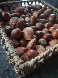 High angle view of eggs in basket