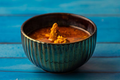 Close-up of soup in bowl on table