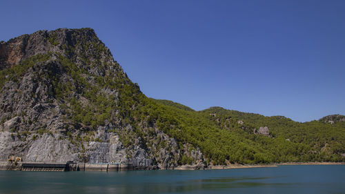 Scenic view of sea by mountains against clear blue sky