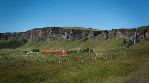 Scenic view of field against clear blue sky