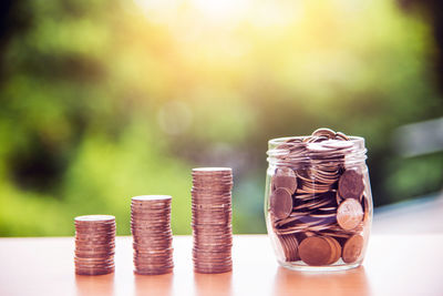 Close-up of coins on table