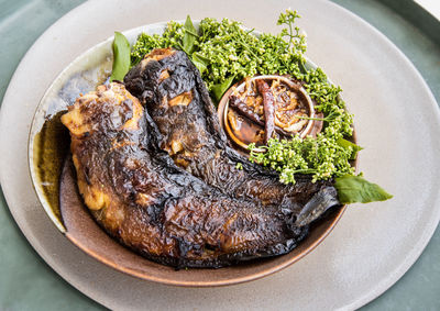 High angle view of food in plate