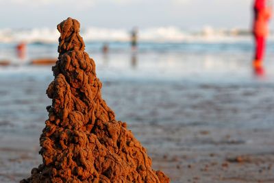 Close-up of stack of stones on beach