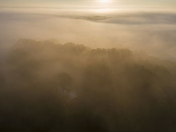 Aerial view of the dawn with fog in the fishponds, crna mlaka, croatia