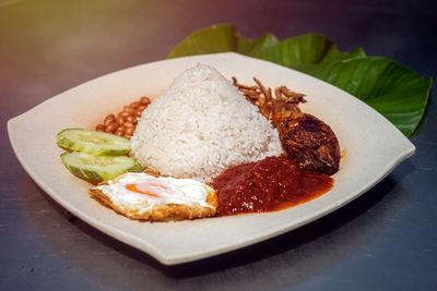 Close-up of food served on table