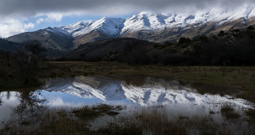 Scenic view of snowcapped mountains against sky