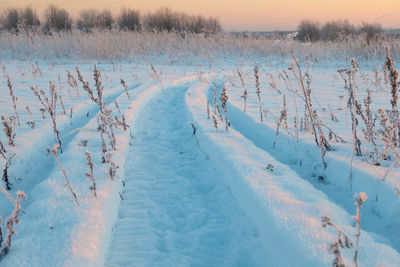 Winter landscape, tire tracks on the snow, snow road