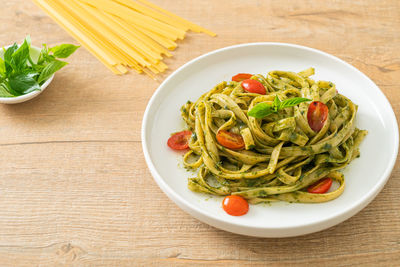 High angle view of food in plate on table