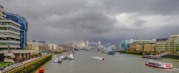 City at waterfront against cloudy sky