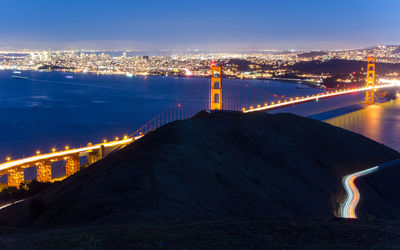 High angle view of illuminated city at night