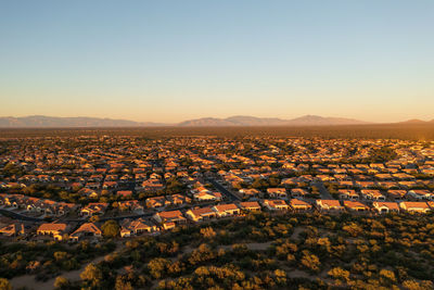 Upper middle class neighborhood in arizona, drone shot. planned development with copy space.