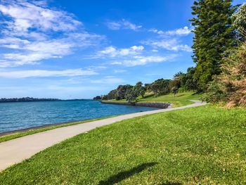 Scenic view of sea against blue sky