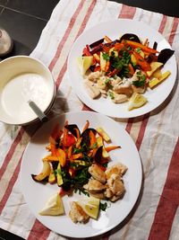 High angle view of food served on table