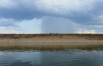 Scenic view of lake against cloudy sky