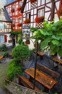 Potted plants by canal against buildings