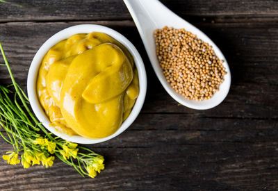 High angle view of eggs in bowl on table