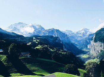 High angle view of mountains against clear sky