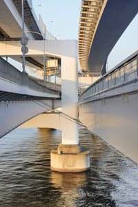 Pillar of rainbow bridge bridge in odaiba bay, tokyo, japan.