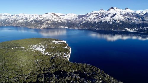 Scenic view of lake and mountains against sky