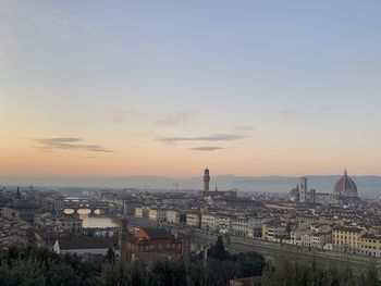 High angle view of buildings against sky during sunset