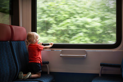 Rear view of boy looking through train window