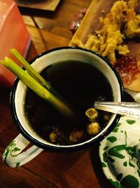 High angle view of noodles in bowl on table