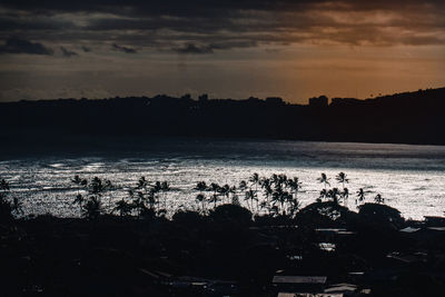 High angle view of city at sunset