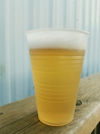 Close-up of beer glass on table