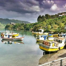 Boats moored in sea against cloudy sky